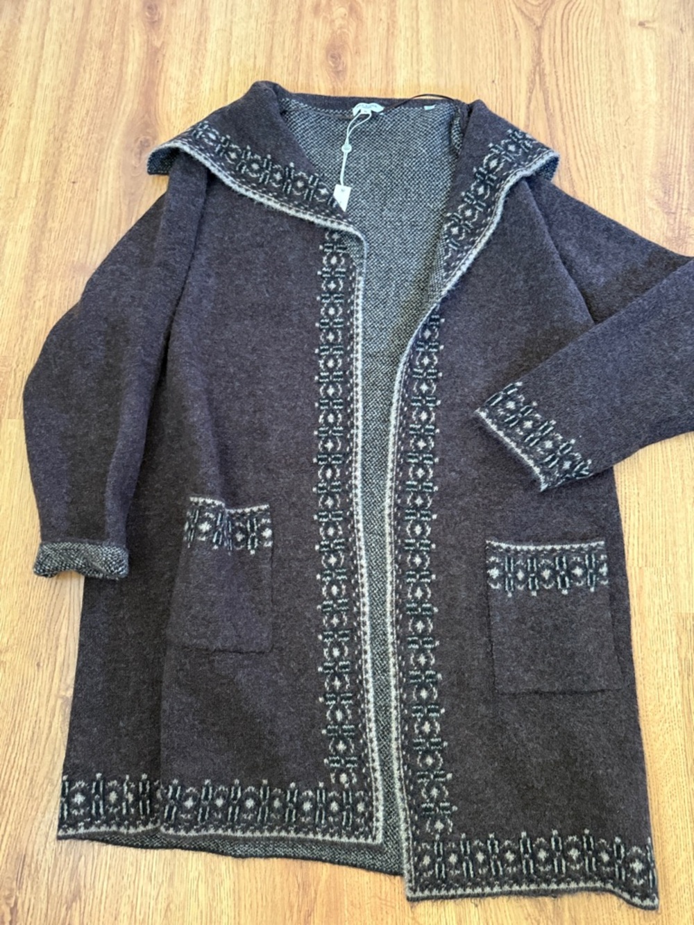 Max Studio Dark Charcoal Open-Front Patterned Long Cardigan